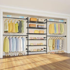 Timate S3X PLUS Closet System, Expandable Wall Mounted Closet with 6 Adjustable Shelves & 4 Expandable Hanger Rods, Industrial Pipe Clothing Rack for Hanging Clothes, Fits Spaces 6'11"- 9'10", Black