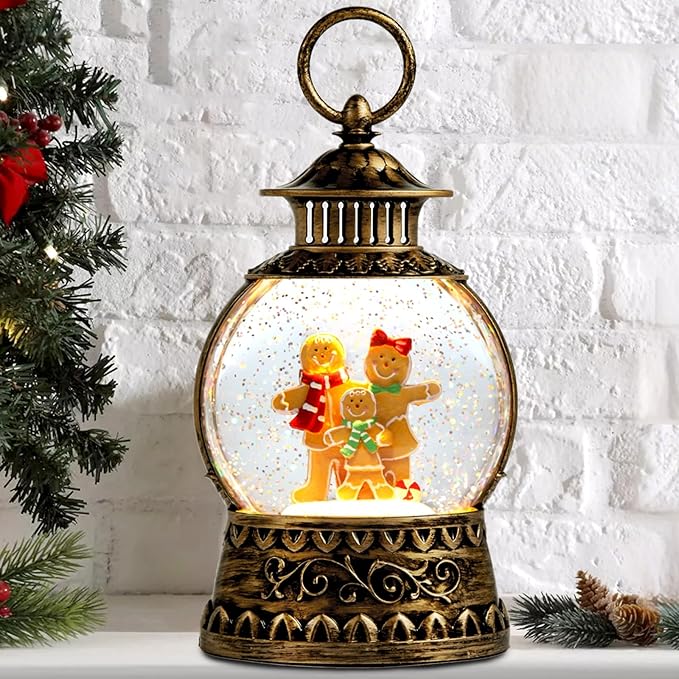 Christmas Snow Globe,Gingerbread Man Musical Snow Globe Lantern Lights with 6H Timer Battery & USB Powered, Retro Style Holiday Glitter Globe for Xmas Home Decoration Holiday Party Gifts