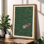 Framed Japanese Tiger Wall Art, Vintage Tiger Swimming Pictures Wall Decor, Funny Wild Animal Paintings Canvas Prints Eclectic Home Decor for Living Room Bedroom Bathroom 12x16 inch