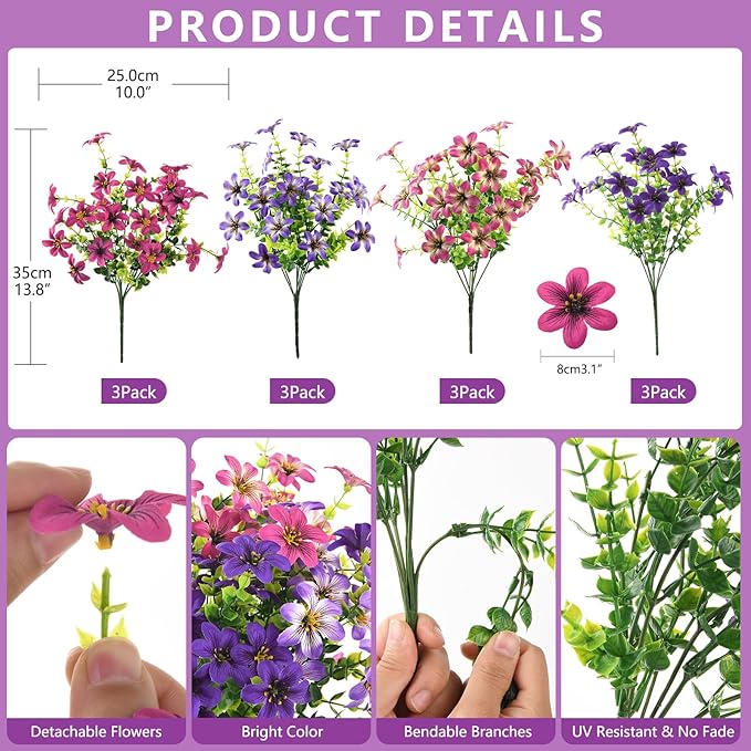 Artificial Fake Flowers for Outdoors 12 Bundles Faux Silk Flower Spring Decoration Artificial Fake Plants Outdoor Plastic Flowers UV Resistant No Fade for Home Planter Porch Patio Yard Decor