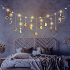 Moon Phase Wall Decor with LED String Light, 13 Gold Wood Boho Wall Hanging Decor Mood Garland 56'' - Celestial Phases Moon Decoration in Bohemian Style for Bedroom Living Room, Birthday Gifts