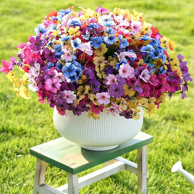 24 Bundles Artificial Flowers for Outdoor Faux Plants for Spring Summer Decoration, UV Resistant Realistic Silk Plastic Fake Flowers Garden Porch Patio Balcony Yard Front Home Decor