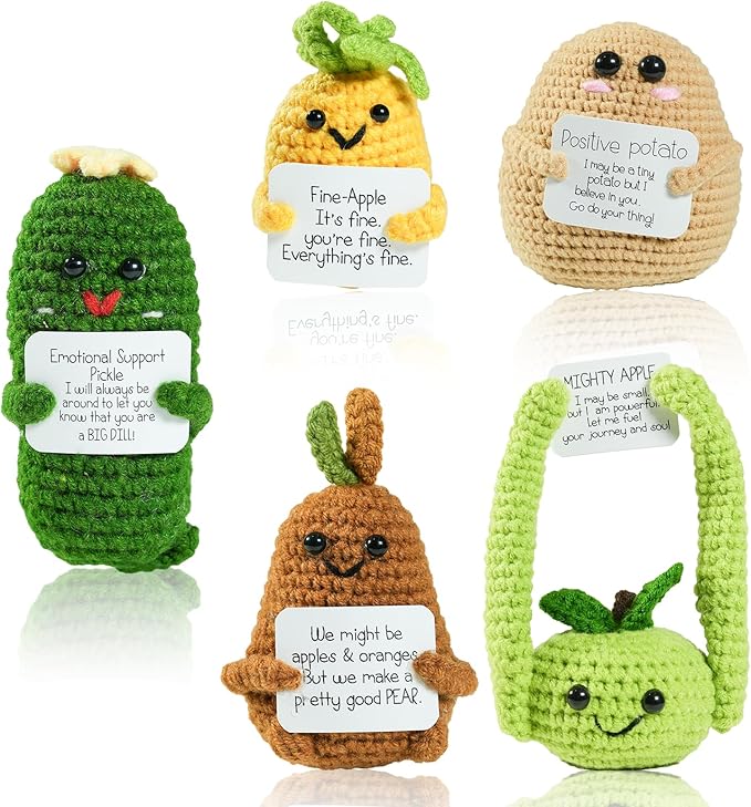 JFZHENGCUO 5 PCS Funny Handmade Crochet, Emotional Support Positive Potato, Positive Cucumber, Pineapple, Happy Pear, Mighty Apple, Emotional Support Collectible Dolls