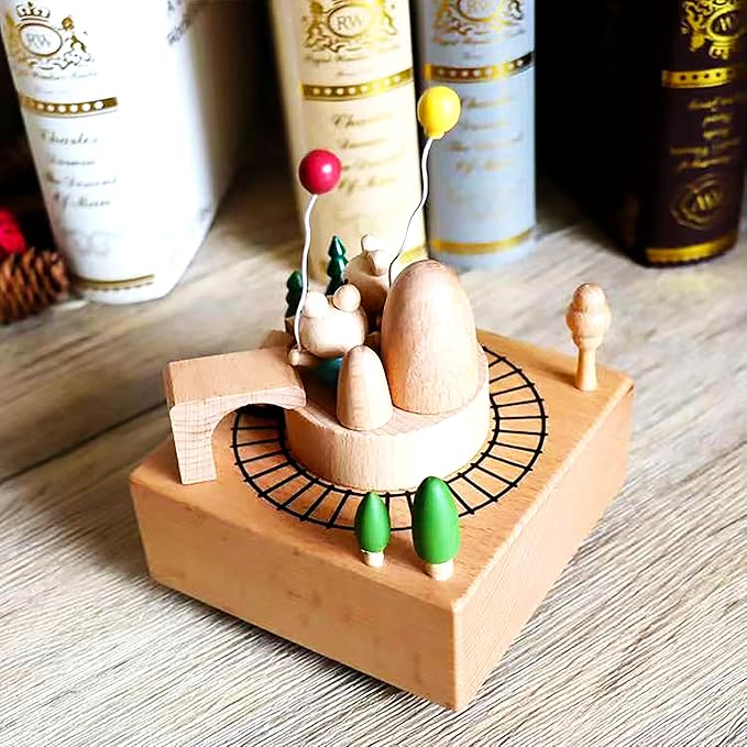Natural Solid Wood Handcrafted Beech Wooden, Musical FigureTotoro/Carousel/Fairy/Ballerina Figurine,Rotating Hand Crank Mechanism Music Box,Musical Decorations (Little Bear and Train)