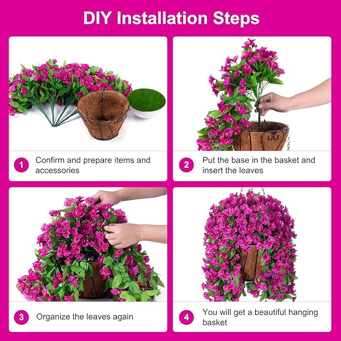 Artificial Faux Hanging Flowers Basket for Spring Summer Outdoor Porch Decoration, Fake Silk Colorful Morning Glory Eucalyptus in Planter UV Resistant for Home Balcony Yard(Red Purple)