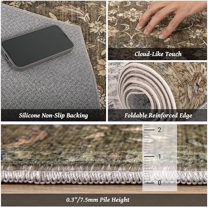 Washable 3x5 Entryway Rug, Boho Non-Slip Vintage Distress Small Rugs for Kitchen Nursery Office Bedroom, 0.3" Neutral Oriental Throw Thin Carpet with Cushioning Pad, Tan/Flaxen/Multi