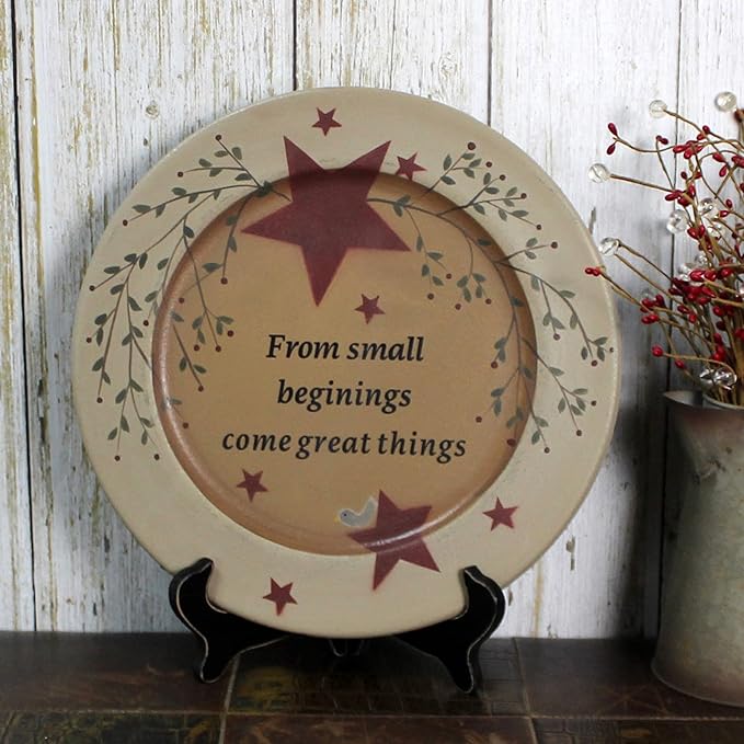 CVHOMEDECO. Primitives Vintage “from Small Beginings, Come Great Things” Wood Decorative Plate Round Display Wooden Plate Home Décor Art, 13-1/4 Inch