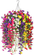 Artificial Flowers with Hanging Basket, Outdoor Faux Plants Silk Morning Glory Vines, Fake Petunias for Garden Patio Spring Summer Decor, Mixed Color