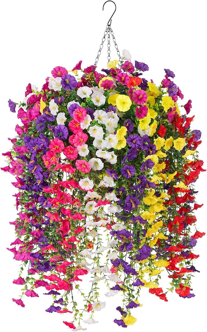 Artificial Flowers with Hanging Basket, Outdoor Faux Plants Silk Morning Glory Vines, Fake Petunias for Garden Patio Spring Summer Decor, Mixed Color