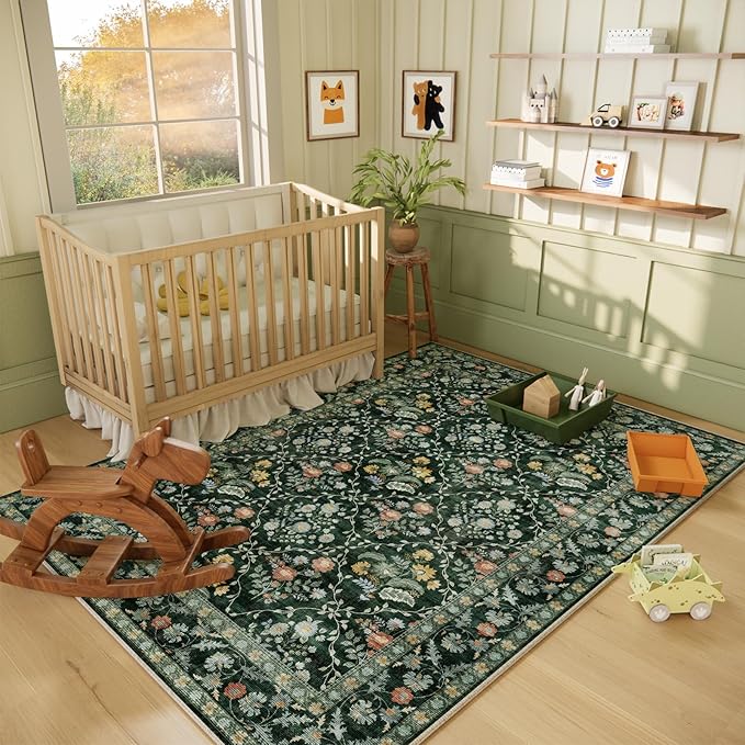 Vintage Botanical Dark Green Area Rug 5x7 Elegant Floral Pattern, Durable Stain-Resistant Fabric, Perfect for Living Room, Bedroom, Dining Room Decor