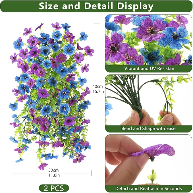 Artificial Faux Flowers Plants for Outdoor Spring Summer Decoration, 2 PCS Fake Silk Daisy Flowers No Fade UV Resistant Realistic for Outside Home Planter Porch Patio Balcony Yard Decor (Blue Purple)