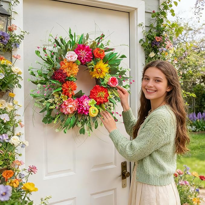 Spring Wreaths for Front Door Outside,24 Inch Summer Wreath with Peony Dahlia Rose and Greenery,Outdoor Wreath for Farmhouse Wall Porch Home Decor