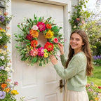 Spring Wreaths for Front Door Outside,24 Inch Summer Wreath with Peony Dahlia Rose and Greenery,Outdoor Wreath for Farmhouse Wall Porch Home Decor