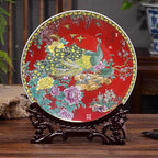 LIYAOLI Decorative Plates for Display - Handmade Chinese Classical Red Peacock & Peony Porcelain Plates for Living Room, Dining Table, Shelf Decor (2025 Art Collection)
