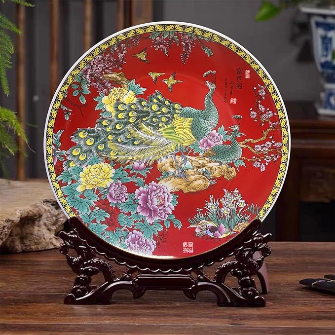 LIYAOLI Decorative Plates for Display - Handmade Chinese Classical Red Peacock & Peony Porcelain Plates for Living Room, Dining Table, Shelf Decor (2025 Art Collection)