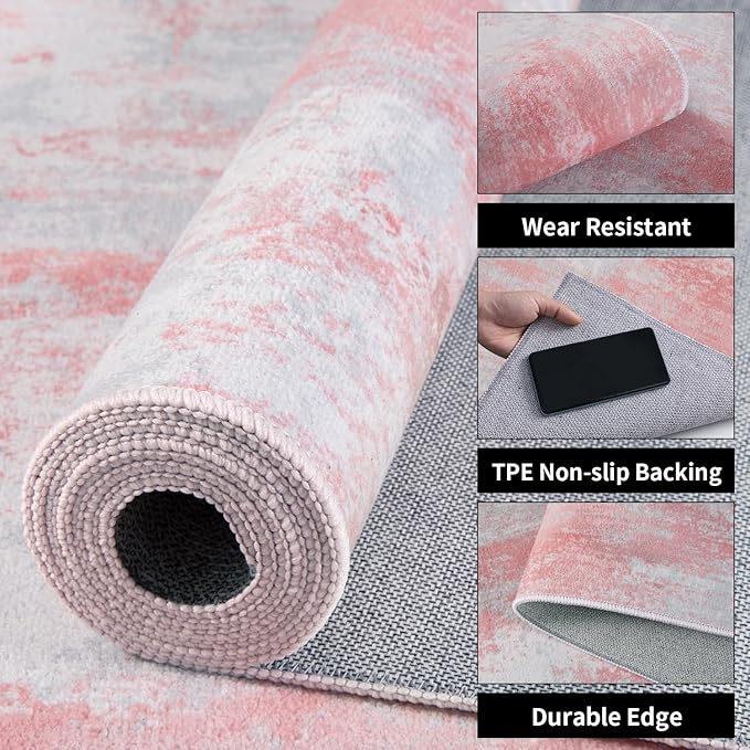 Ciicool Modern Abstract Rug for Living Room, 5x7 Machine Washable Area Rug Non-Slip Rug, Low-Pile Contemporary Indoor Dining Floor Carpet for Bedroom Office Under Table Home Decor Pink Grey