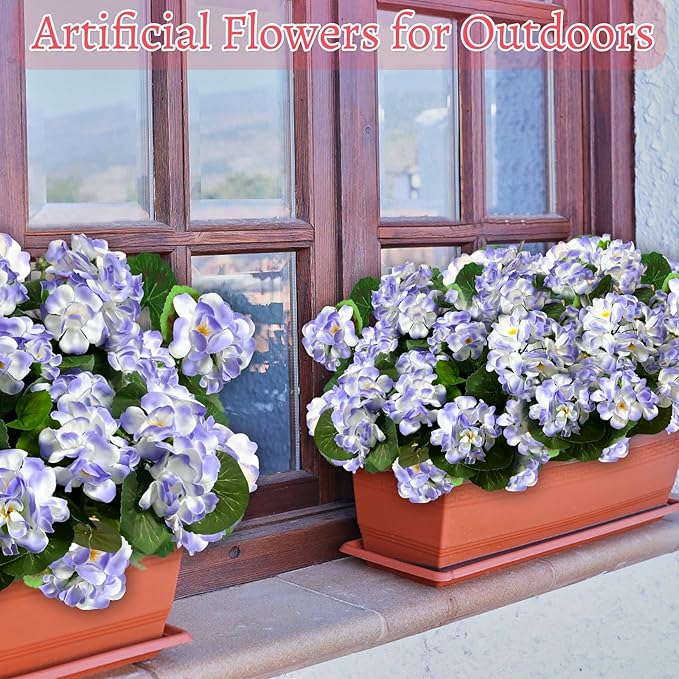 Artificial Geraniums Flowers for Outdoors Spring Decor, 4 Bundles UV Resistant Fake Geraniums Flowers Silk Faux Plants for Home Planter Gardens Table Patio Porch Indoor Cemetery Summer Decor(Purple)