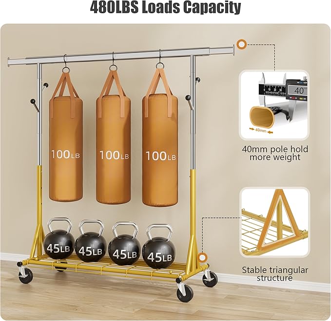 Rolling Clothes Rack Load 530lbs,Heavy Duty Garment Rack With Sturdy Wheel And Shelves, Adjustable Portable Hanging Rack For Clothes, Gold