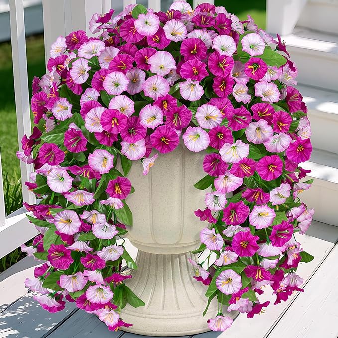 Artificial Flowers with Hanging Basket, Outdoor Faux Plants Silk Morning Glory Vines, Fake Green Arrangement for Garden Patio Spring Summer Decor(Darkorchid)