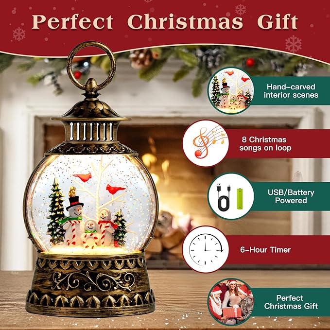 Christmas Snowman Snow Globe, Cardinal Musical Snow Globe Lantern Lights with 6H Timer Battery & USB Powered, Retro Style Holiday Glitter Globe for Xmas Home Decoration Holiday Party Gifts