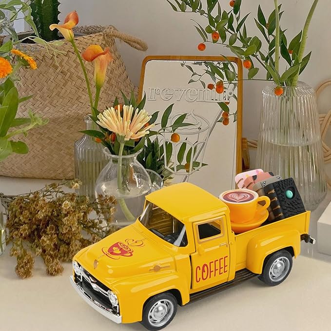 Vintage Mini Metal Pickup Truck with The Coffee Decor and The 4 Books,for Home Farmhouse Kitchen Decor & Coffee Decorations (Coffee-Yellow)