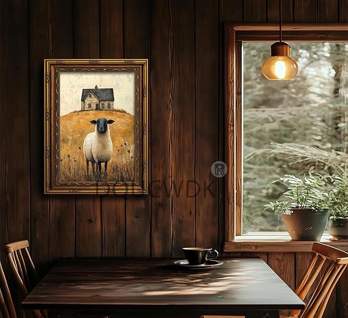 Vintage Gold Framed Wall Art Retro Country Sheep Oil Painting Canvas Prints Farmhouse Landscape Picture Wall Decor Rustic Farmhouse Animal Poster Artwork for Living Room Bedroom Bathroom, 16x24in