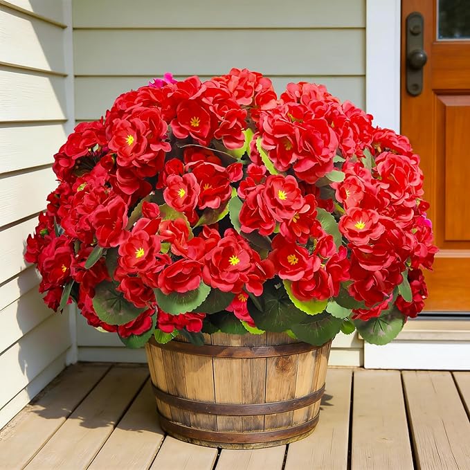 Artificial Geraniums Flowers for Outdoors Spring Decor, 8 Bundles UV Resistant Fake Geraniums Flowers Silk Faux Plants for Home Planter Gardens Table Patio Porch Indoor Summer Cemetery Decor(Red)