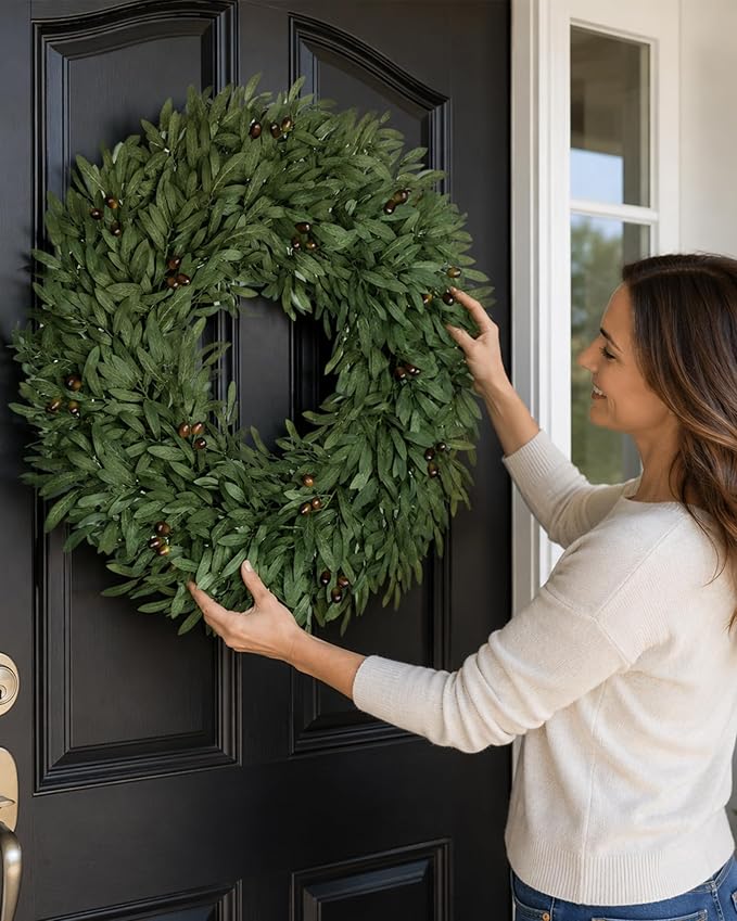 32 Inch Large Olive Wreaths for Front Door, Artificial Large Spring Summer All Seasons Year Round Green Lush Olive Branch Wreath for Home Farmhouse Porch Window Outdoor