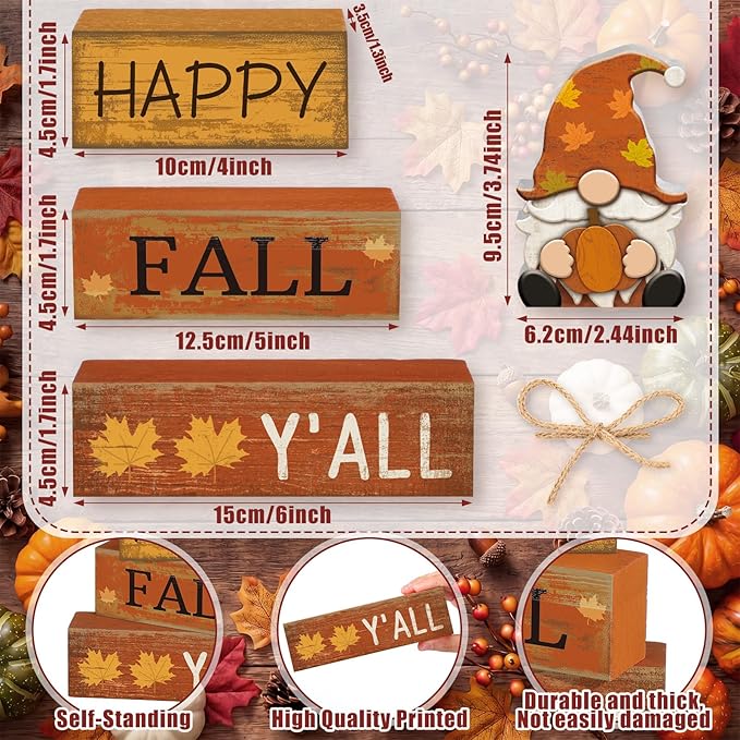 Lineshading 4 Pcs Fall Decorations for Home Wooden Gnome Block Sign Thanksgiving Tiered Tray Decor Thanksgiving Centerpiece Rustic Fall Table Decor for Autumn Harvest Party Home Kitchen Decorations
