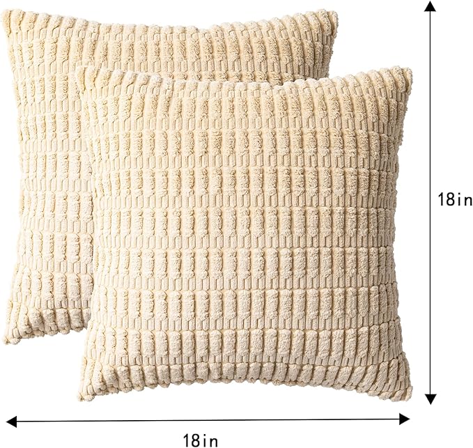 Aegero Pack of 2 Corduroy Decorative Throw Pillow Covers 18x18 InchSoft Boho Striped Pillow Covers Modern Farmhouse Home Decor for Sofa Living Room Couch Bed(Beige)
