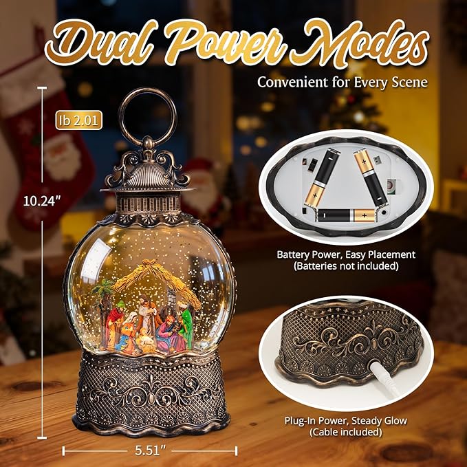 Nativity Scene Christmas Snow Globes, 10.24" Electric Light up Snow Globe Christmas, Festive Song 6H Timer & Dual Power, Musical Snowglobes Christmas Decorations Indoor Snowglobe Ornament
