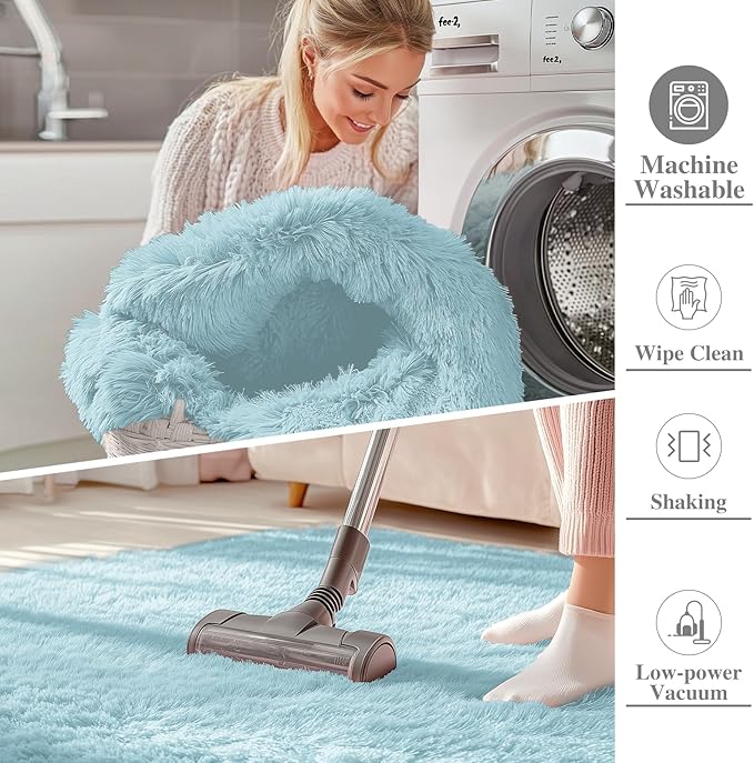 OLANLY 2x5 Machine Washable Runner Rugs for Hallway, Soft Fluffy Shaggy Bedside Rugs for Bedroom, Living Room, Indoor Floor Carpet for Kids Girls and Boys, Home Decor Aesthetic, Light Blue