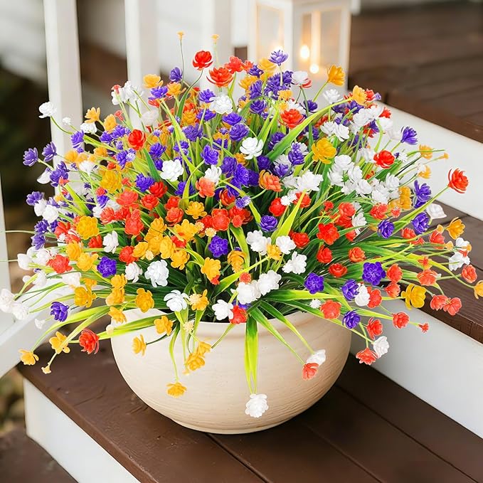 TURNMEON 20 Bundles Artificial Flowers for Outdoors Fake Plants Spring Decor, UV Resistant Artificial Plants Cemetery Fake Flowers Faux Plastic Greenery Shrub Porch Patio Summer Decorations 580 Head