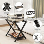 Fully Assembled Luggage Racks Set of 2, Bamboo Luggage Rack for Guest Room, Foldable Suitcase Stand with Fabric Storage Shelf for Bedroom, Hotel, Holds up to 165 lb, 26.77 x 16.93 x 22.5 Inches, Black