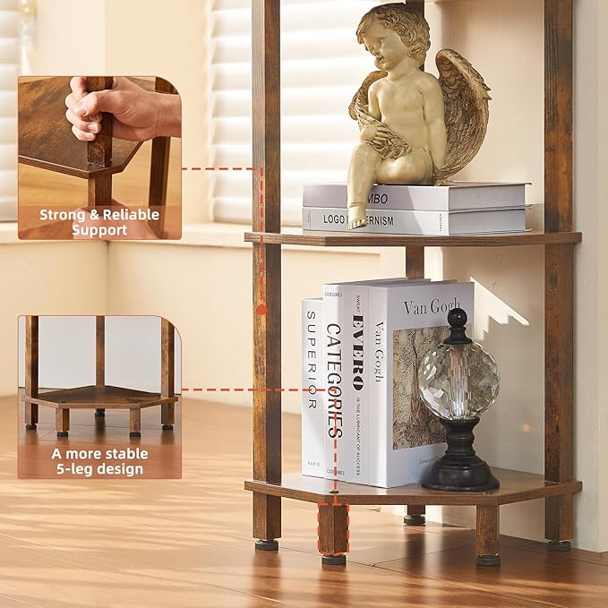 YUFAM 3-Tier Corner Shelf with Sturdy 5-Leg Base, Wooden Corner Bookshelf for Small Spaces, Small Corner Table for Living Room, Bedroom, Office, Brown