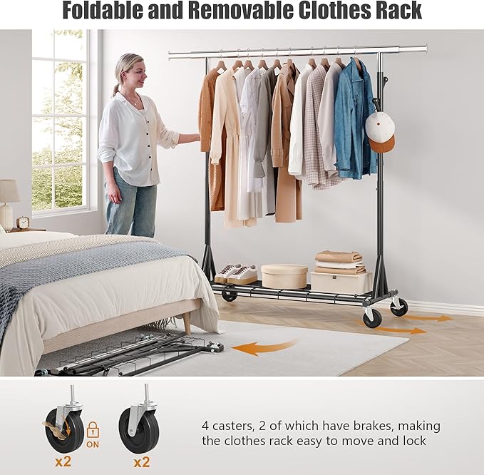 Garment Rack Load 530lbs,Heavy Duty Rolling Clothes Rack With Sturdy Wheel And Shelves, Adjustable Portable Hanging Rack For Clothes, Chrome Stainless Steel, Black