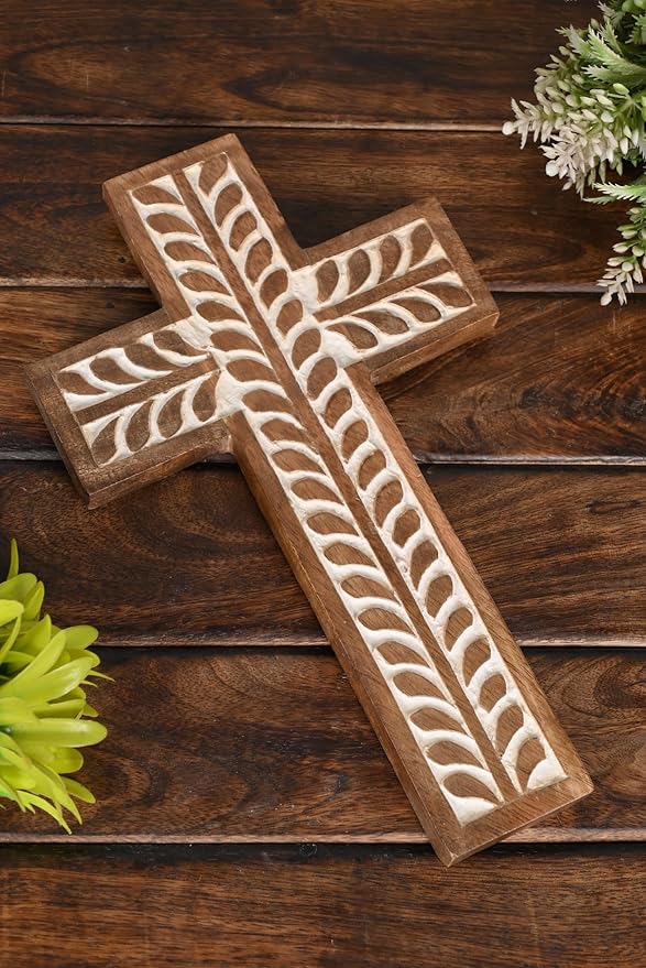 NIRMAN Mango Wood Religious Catholic Cross Wall Hanging Floral Carvings Living Room Home Décor for Entryway Office Living Room (10" x 6" x 0.75")