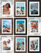 Vittanly 5x7 Picture Frames Set of 9, Display 4x6 Pictures with Mat or 5x7 without Mat, Photo Frames for Wall or Tabletop with Plexiglass, Engineered Wood, Black&Brown&Distressed White