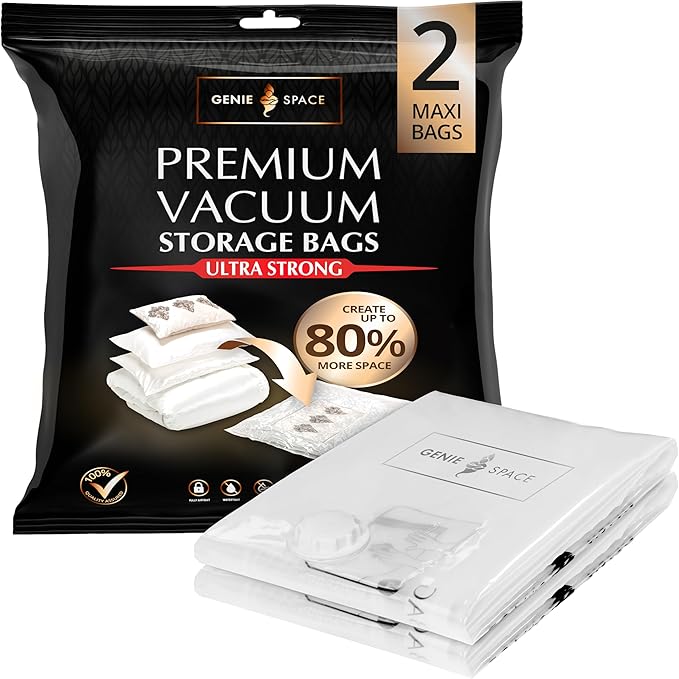 GENIE SPACE XXL Vacuum Storage Bags for Clothes, Bedding and Wardrobes – 43x35 in, Airtight, Reusable and Odor-Proof Space Saver Bags with Double Zipper Seal, 2-Pack