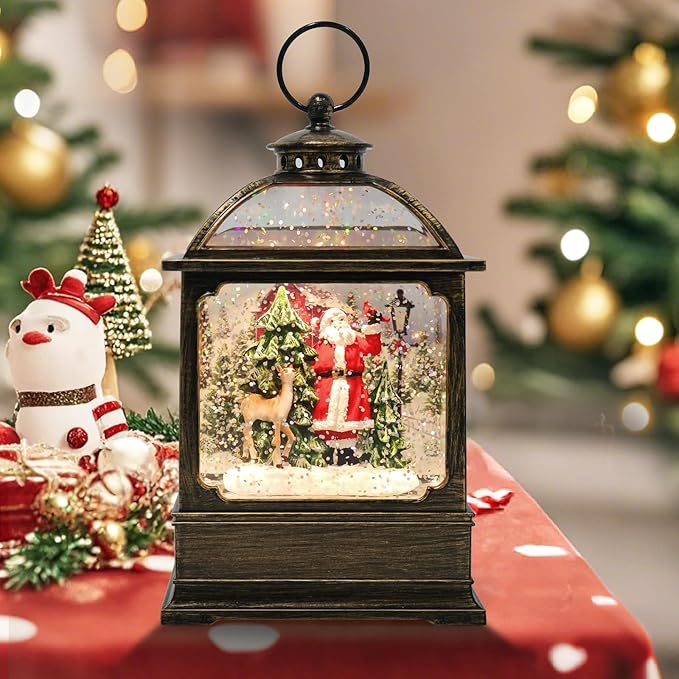 Christmas Snow Globe Lantern with Santa and Reindeer 8 Music Songs & 6H Timer Water Snow Globe Lantern USB & Battery Operated for Christmas Festival Decorations Gifts (Santa and Reindeer)