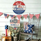 July Fourth Memorial Day Decorations Sign for Front Door Independence Day Patriotic Wreath Welcome Hanging Plaque God Bless America Round Wooden Hanger for Memorial Outdoor Decor 12”x 12”