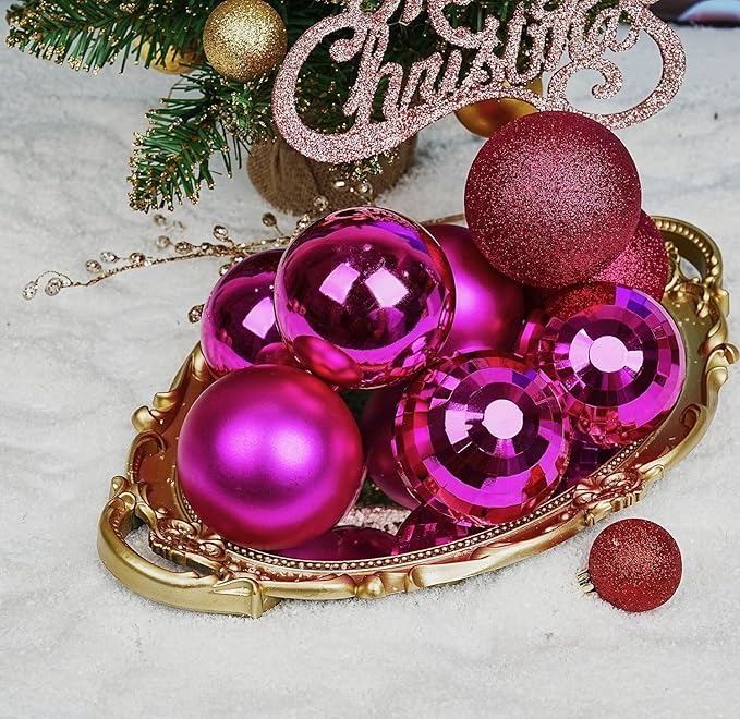 Emopeak 12Pcs Christmas Balls Ornaments for Xmas Christmas Tree - 4 Style Shatterproof Christmas Tree Decorations Hanging Ball for Holiday Wedding Party Decoration (Rose Red, 3.2"/8CM)