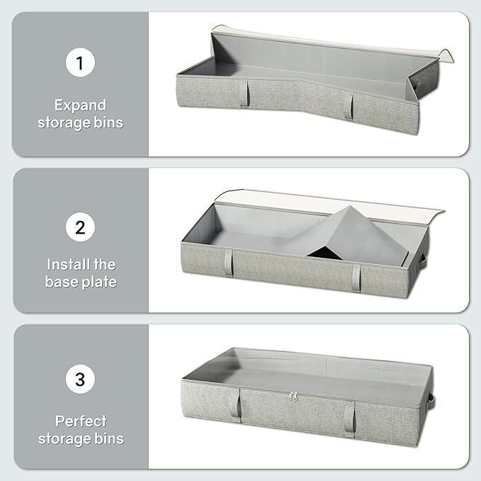 2-Pack Under Bed Storage Containers, 8 Inches Tall Underbed Clothes Storage Organizer Bin with Sturdy Sidewalls/Bottom, Under the Bed Storage Bags 2 Storage Bins, Light Grey