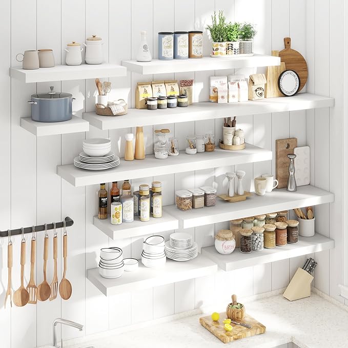24 Inch Floating Shelves for Wall Set of 2, 12"D Wood Grain Bathroom Shelves with Invisible Brackets, Easy Install Engineered Wood Storage Shelves for Kitchen, Living Room, Bedroom, White Finish