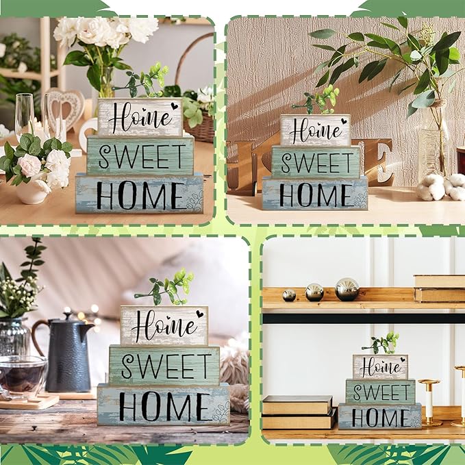 Moucuny 4 Pcs Wooden Farmhouse Table Decor Rustic Home Sweet Home Stacked Blocks Decoration Farmhouse Tiered Tray Decor Decorative Eucalyptus Block Signs Gift for Kitchen Shelf Coffee Table