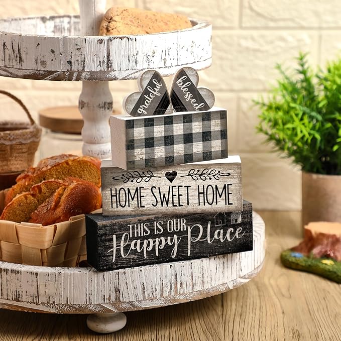 Moucuny 4 Pcs Farmhouse Kitchen Decor Black and White Farmhouse Tiered Tray Decor Home Sweet Home Centerpiece Wooden Heart Rustic Valentines Day Block Sign for Kitchen Shelf Valentines Gift Decoration