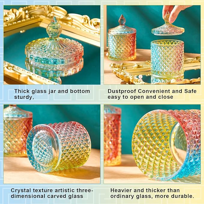 Aoriher 4 Pcs Crystal Glass Candy Jar Set with Lids Home Decorative Storage Jars for Apothecary, Bathroom, Kitchen, and Pantry, Ideal for Cotton Swabs and Jewelry(Medium,Colorful)