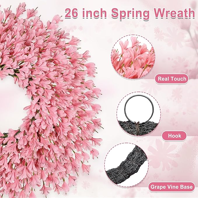 26 Inch Spring Wreaths for Front Door Large Easter Valentines Forsythia Floral Summer Spring Door Wreaths Outdoor All Season Spring Decorations for Home Porch Room Window Wall Farmhouse Decor (Pink-R)