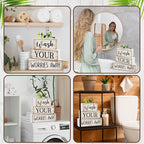 Moucuny 4 Pcs Farmhouse Laundry Room Decor Stacked Blocks Wash Your Worries Away Sign Funny Bathroom Shelf Decor and Accessories Rustic Eucalyptus Leaves Block Signs for Home Bathroom Toilet Washroom