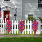 Artificial Hanging Flowers for Outdoor, 2pcs Fake Plants Long Vine Morning Glory Eucalyptus, Spring Summer UV Resistant Realistic Faux Greenery Indoor Outside Patio Porch Garden Decor, Hot Pink Purple